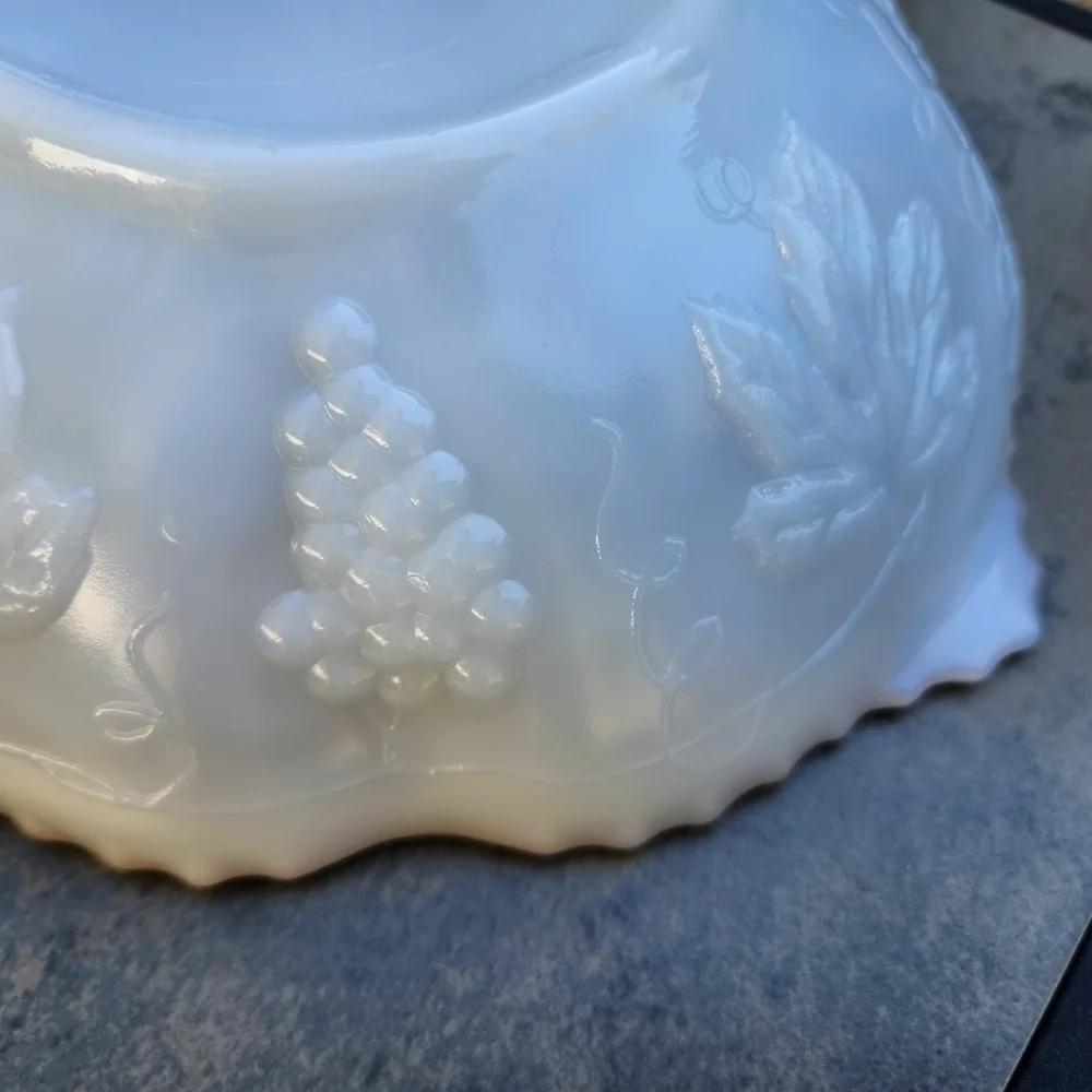 Vintage Anchor Hocking Milkglass Bowl With Grape & Vine Pattern and Gold Trim